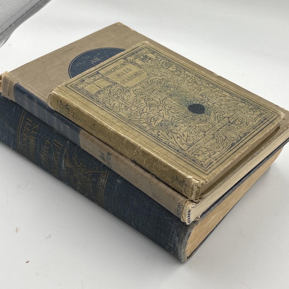 Vintage 3 Blue Brown Books Lot Staging Decor Retro Prop Shelf Mantle Centerpiece - Picture 8 of 8